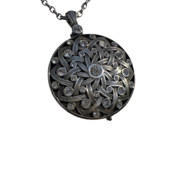 Brighton Silver Tone Long Chain Necklace Mirror Pendant Round Locket 34" Crystal - Picture 3 of 5